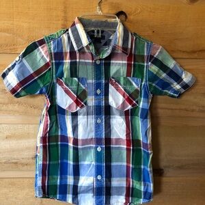 Tommy Hilfiger boys short sleeve plaid cotton dress shirt size 5 blue/ red